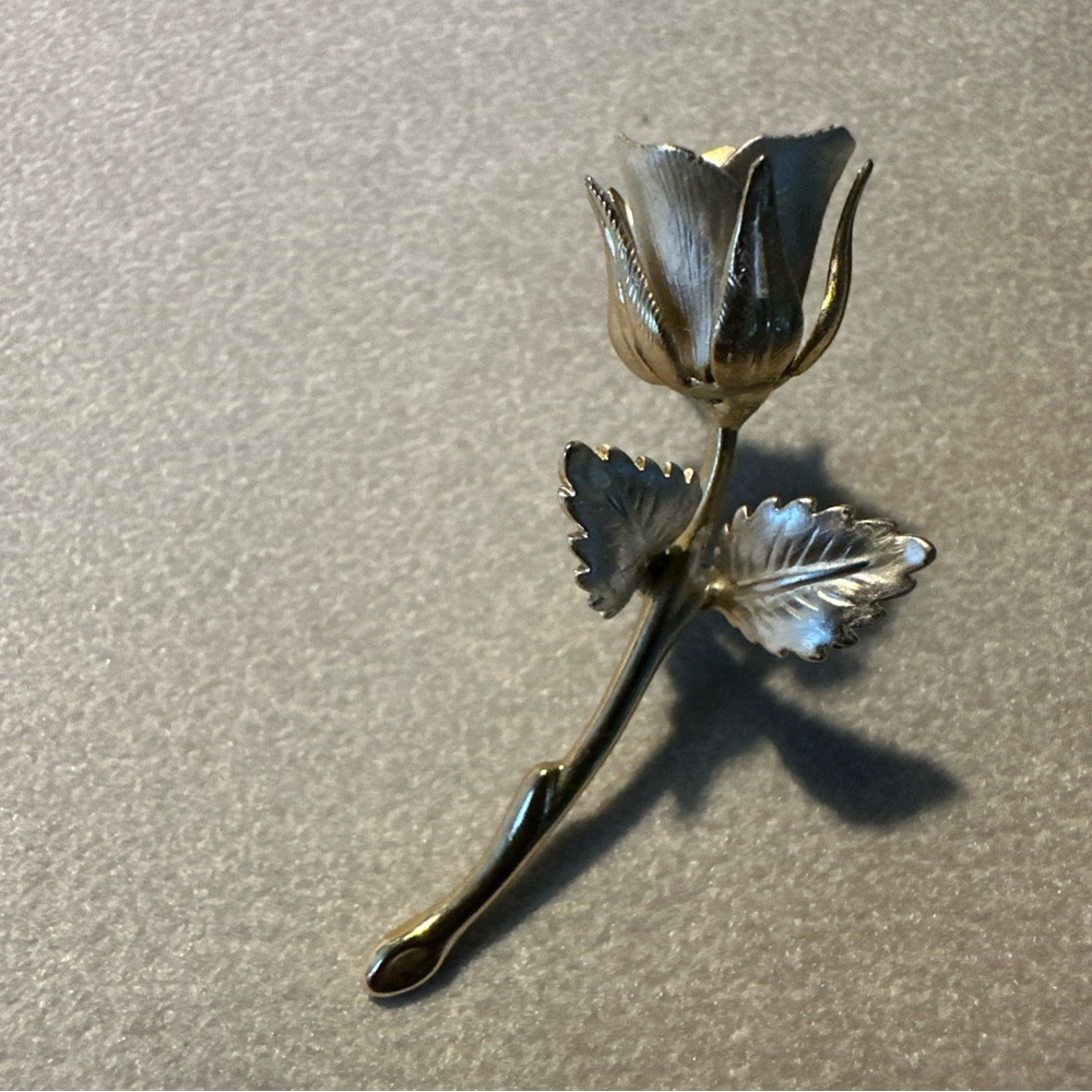 Vintage Two Tone Metal Gold Silver Rose Bud Flower Brooch Lapel Pin 2" VTG